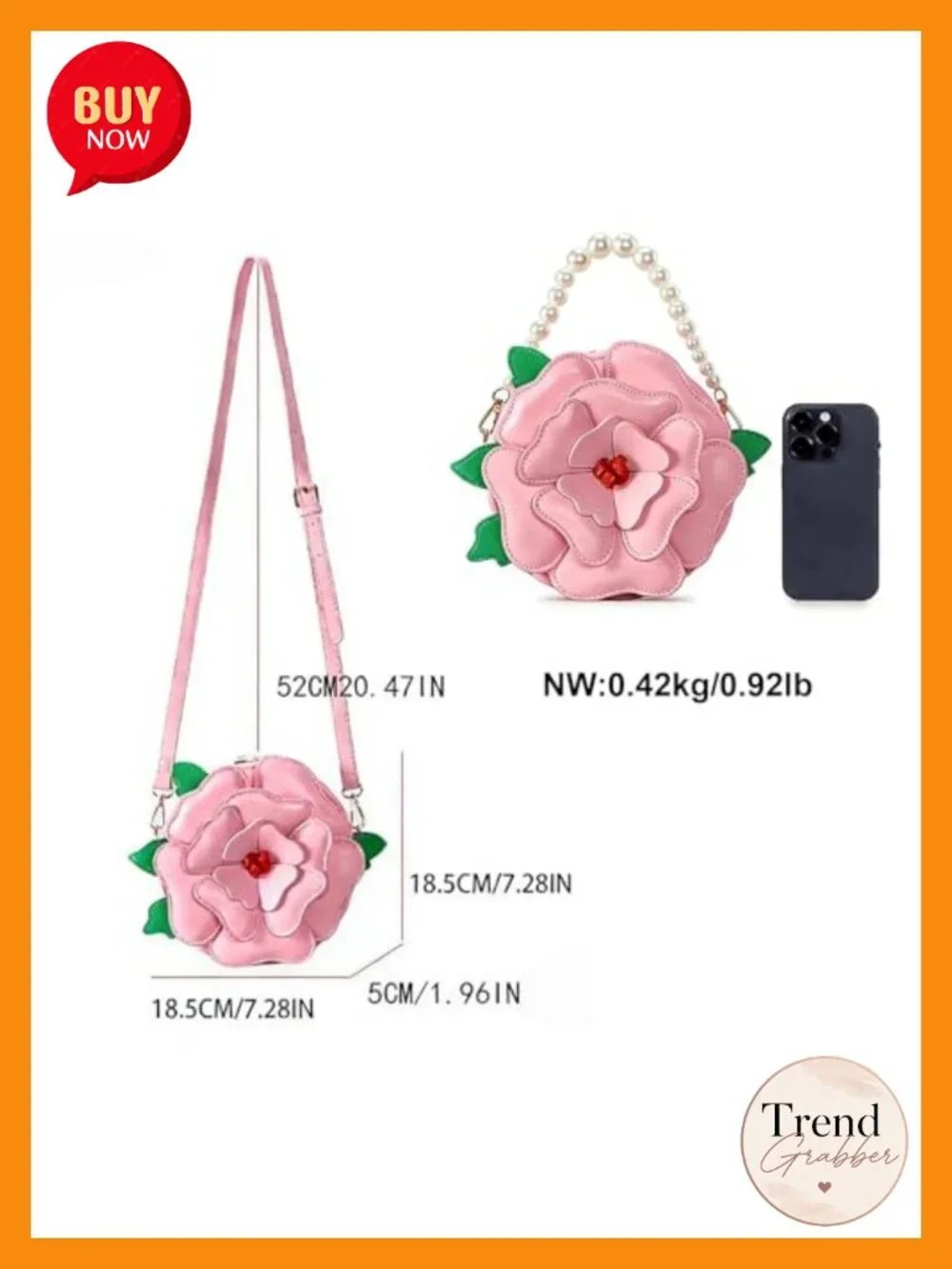PU Leather Floral Crossbody Purse with Pearl Chain, Lolita Whimsical Handbag